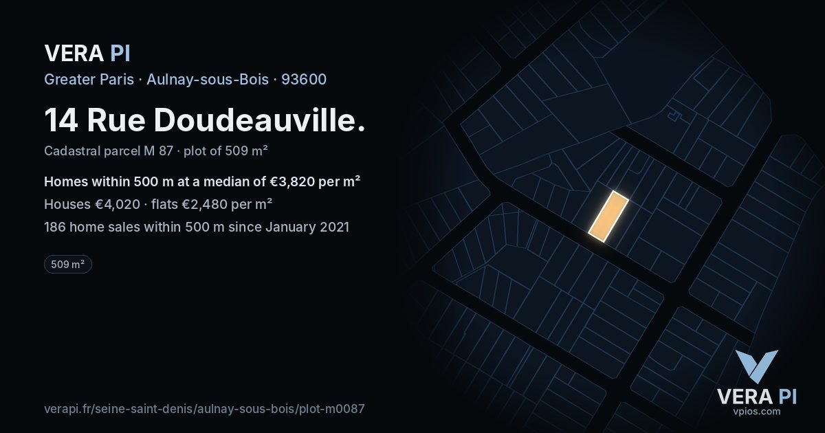 14 Rue Doudeauville, Aulnay-sous-Bois at night – the plot lit, the parcels around coloured by the prices near them