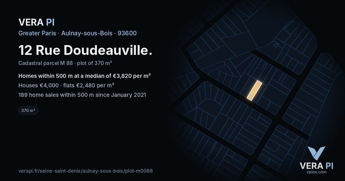 12 Rue Doudeauville, Aulnay-sous-Bois at night – the plot lit, the parcels around coloured by the prices near them