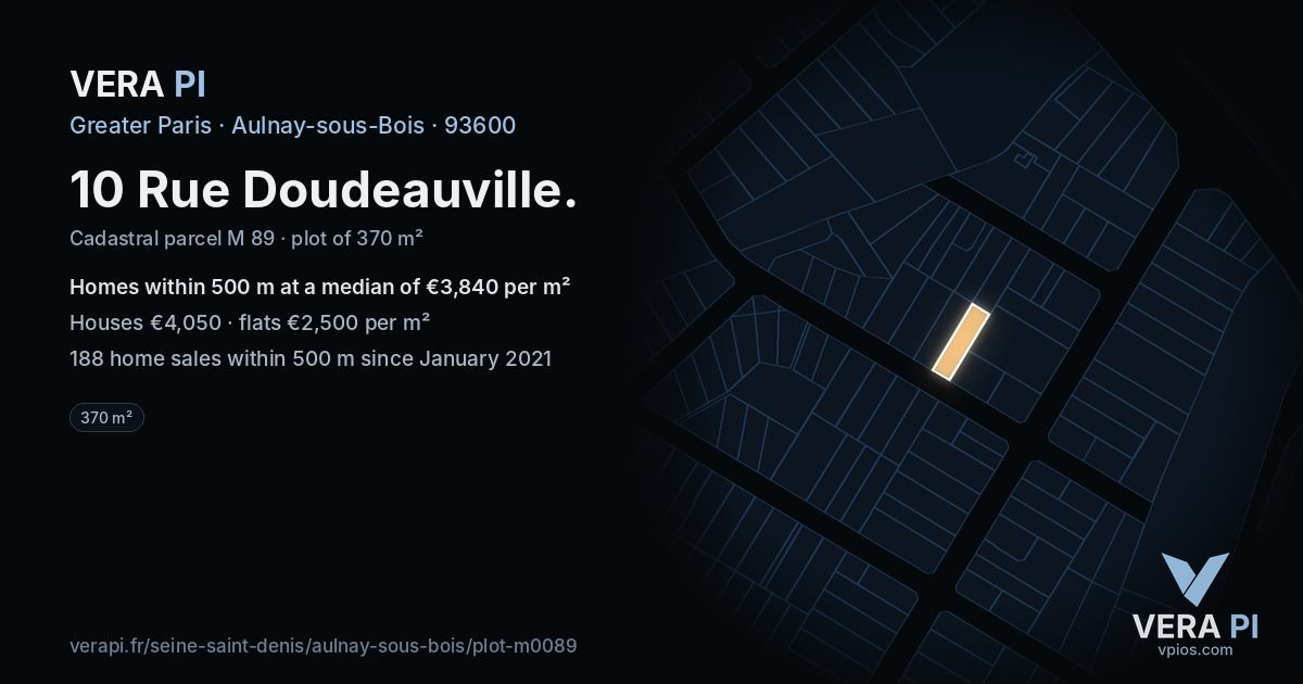 10 Rue Doudeauville, Aulnay-sous-Bois at night – the plot lit, the parcels around coloured by the prices near them
