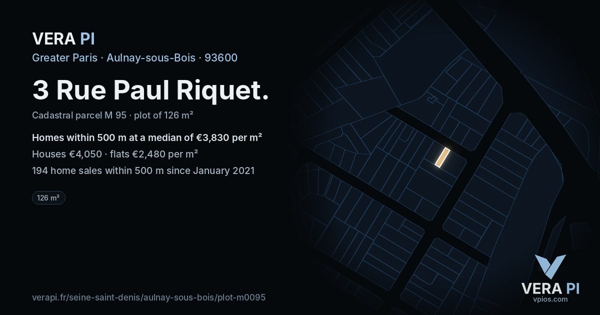 3 Rue Paul Riquet, Aulnay-sous-Bois at night – the plot lit, the parcels around coloured by the prices near them