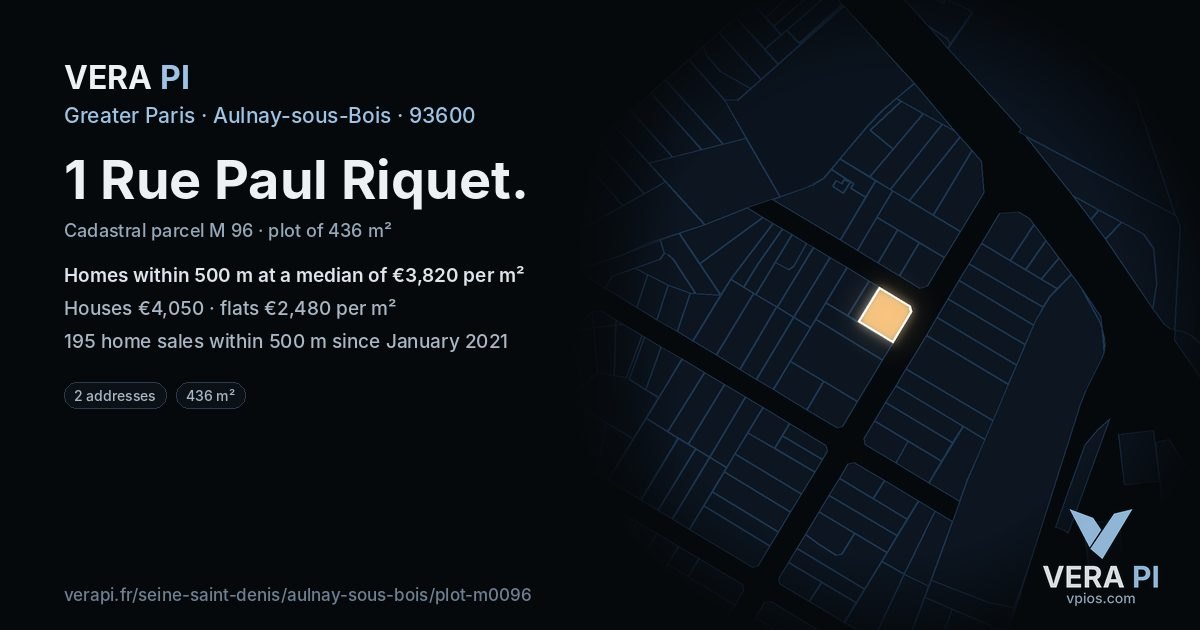 1 Rue Paul Riquet, Aulnay-sous-Bois at night – the plot lit, the parcels around coloured by the prices near them