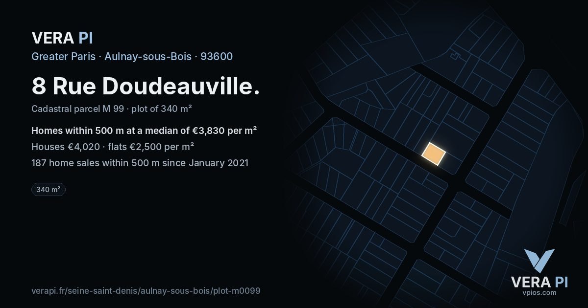 8 Rue Doudeauville, Aulnay-sous-Bois at night – the plot lit, the parcels around coloured by the prices near them