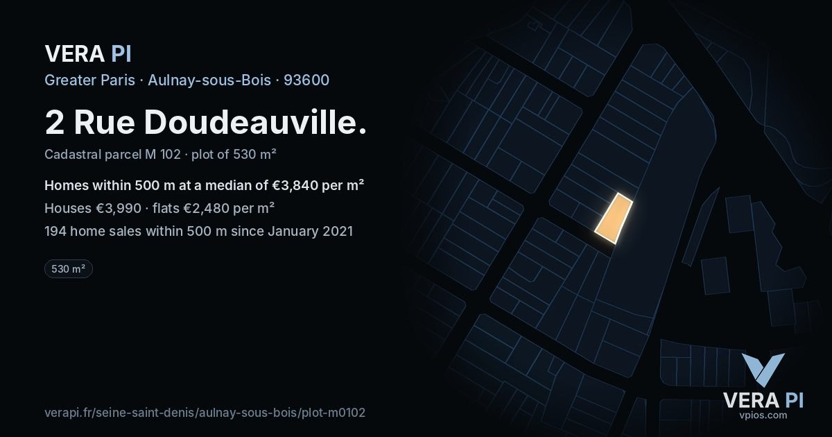 2 Rue Doudeauville, Aulnay-sous-Bois at night – the plot lit, the parcels around coloured by the prices near them