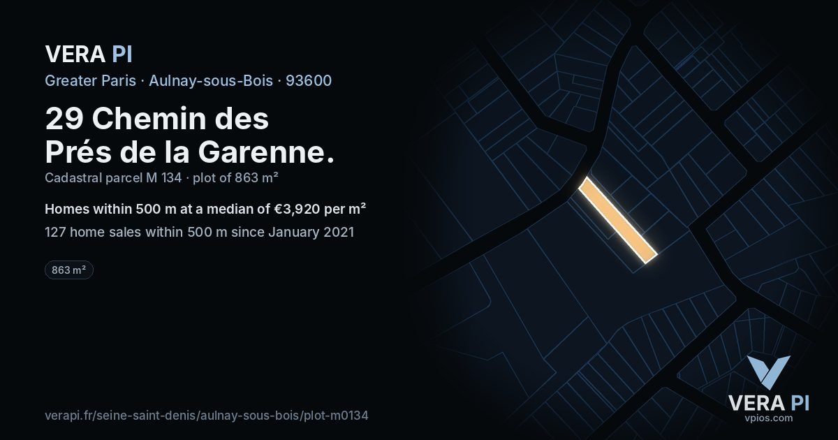 29 Chemin des Prés de la Garenne, Aulnay-sous-Bois at night – the plot lit, the parcels around coloured by the prices near them