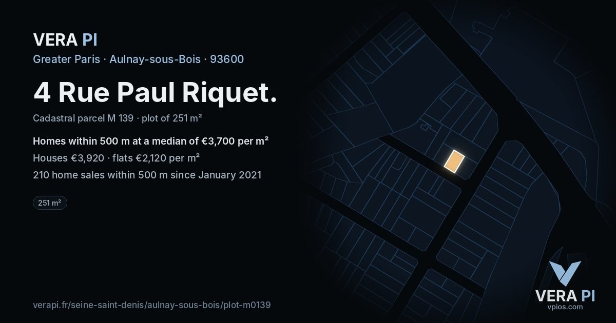 4 Rue Paul Riquet, Aulnay-sous-Bois at night – the plot lit, the parcels around coloured by the prices near them