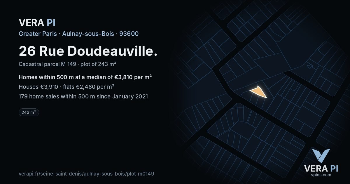 26 Rue Doudeauville, Aulnay-sous-Bois at night – the plot lit, the parcels around coloured by the prices near them