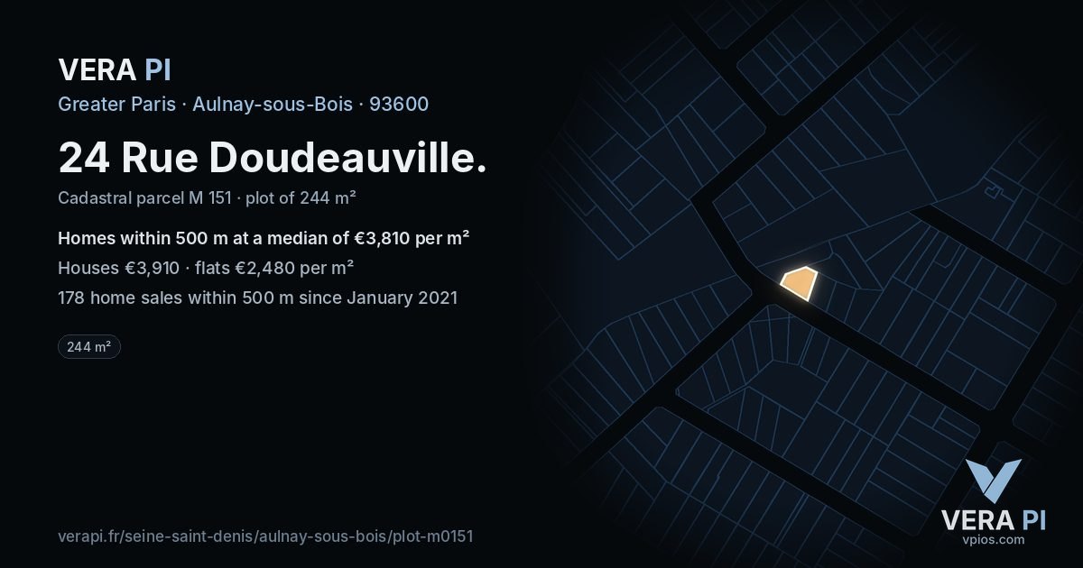 24 Rue Doudeauville, Aulnay-sous-Bois at night – the plot lit, the parcels around coloured by the prices near them