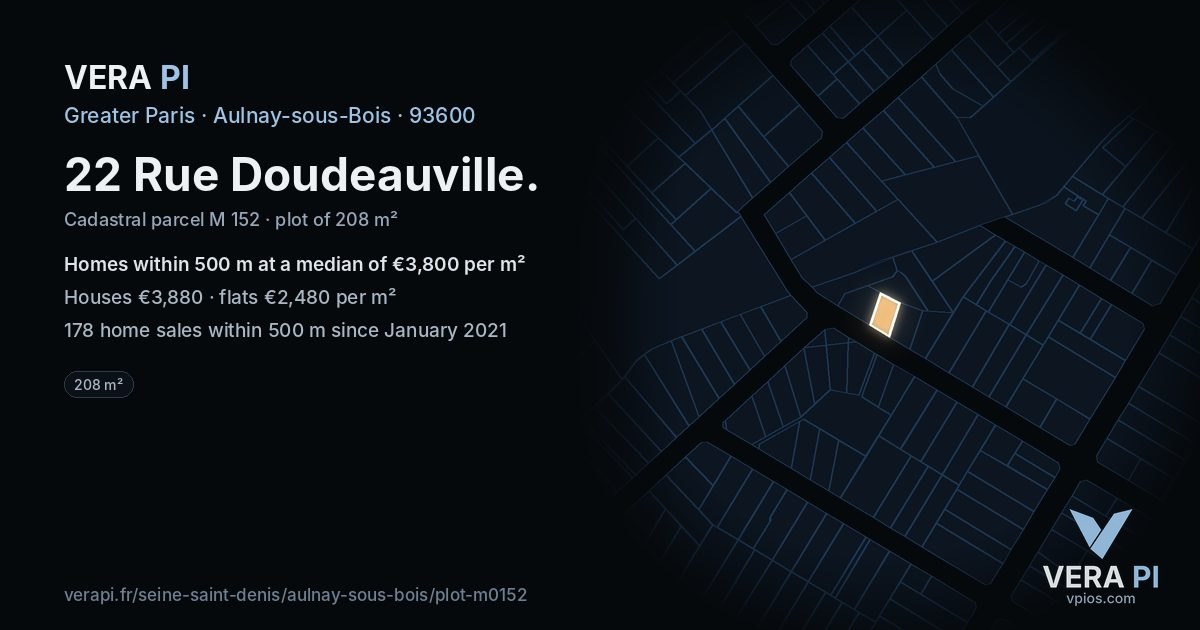 22 Rue Doudeauville, Aulnay-sous-Bois at night – the plot lit, the parcels around coloured by the prices near them