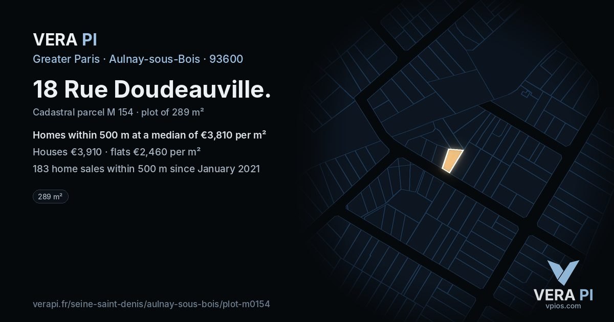 18 Rue Doudeauville, Aulnay-sous-Bois at night – the plot lit, the parcels around coloured by the prices near them