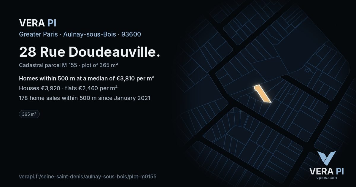 28 Rue Doudeauville, Aulnay-sous-Bois at night – the plot lit, the parcels around coloured by the prices near them
