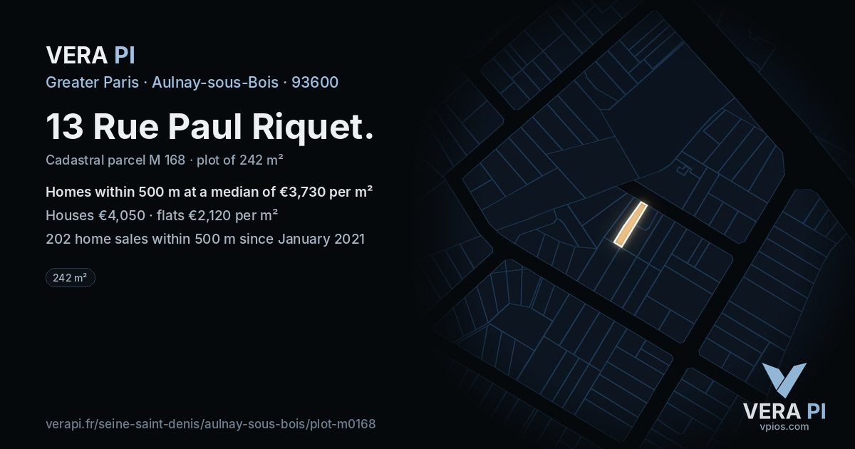 13 Rue Paul Riquet, Aulnay-sous-Bois at night – the plot lit, the parcels around coloured by the prices near them