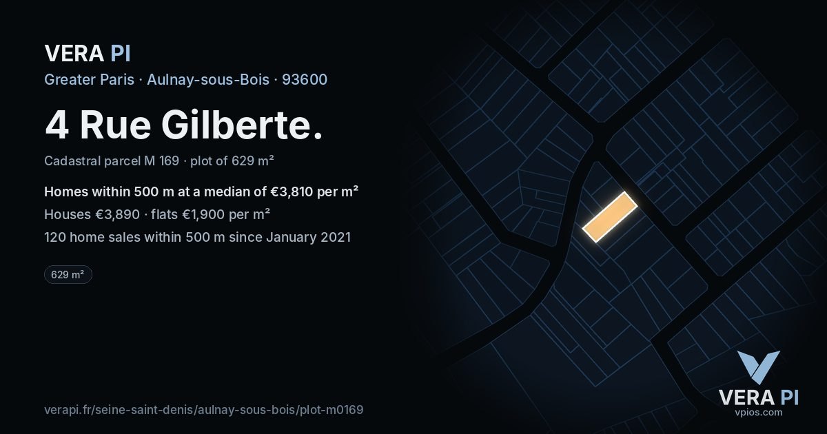 4 Rue Gilberte, Aulnay-sous-Bois at night – the plot lit, the parcels around coloured by the prices near them