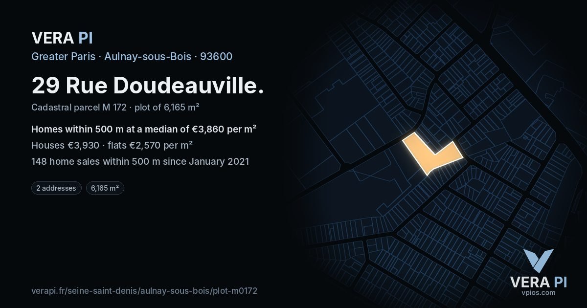 29 Rue Doudeauville, Aulnay-sous-Bois at night – the plot lit, the parcels around coloured by the prices near them