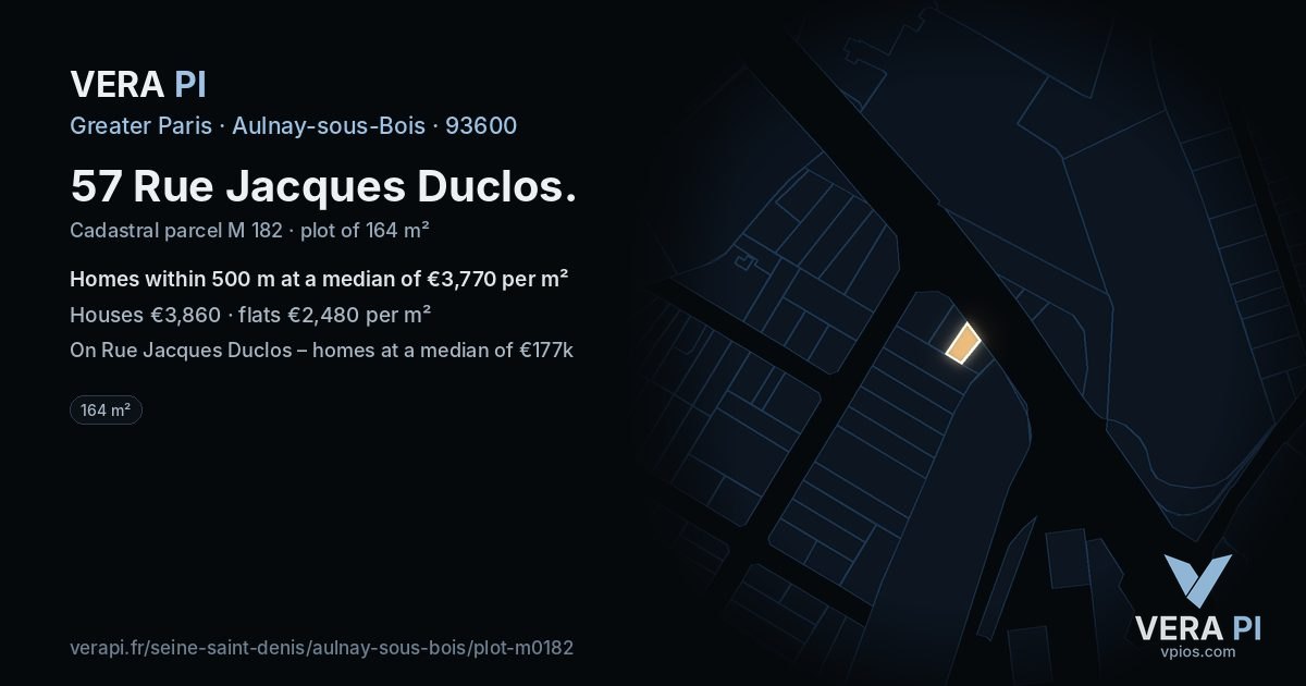 57 Rue Jacques Duclos, Aulnay-sous-Bois at night – the plot lit, the parcels around coloured by the prices near them