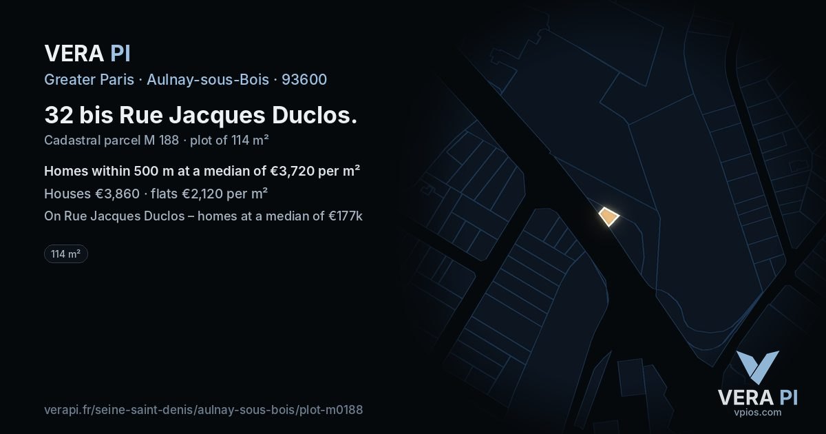 32 bis Rue Jacques Duclos, Aulnay-sous-Bois at night – the plot lit, the parcels around coloured by the prices near them