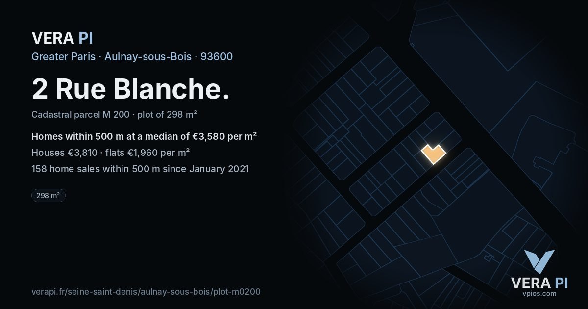 2 Rue Blanche, Aulnay-sous-Bois at night – the plot lit, the parcels around coloured by the prices near them
