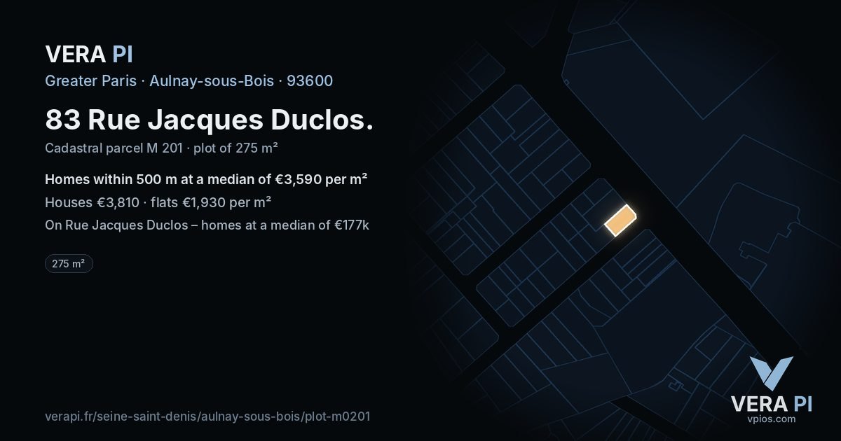 83 Rue Jacques Duclos, Aulnay-sous-Bois at night – the plot lit, the parcels around coloured by the prices near them