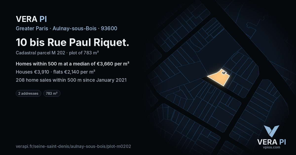 10 bis Rue Paul Riquet, Aulnay-sous-Bois at night – the plot lit, the parcels around coloured by the prices near them