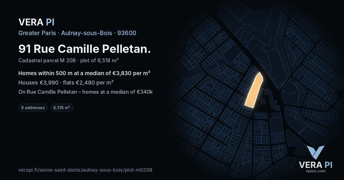 91 Rue Camille Pelletan, Aulnay-sous-Bois at night – the plot lit, the parcels around coloured by the prices near them