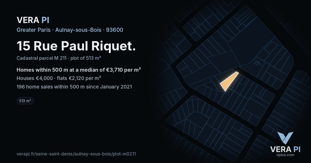 15 Rue Paul Riquet, Aulnay-sous-Bois at night – the plot lit, the parcels around coloured by the prices near them