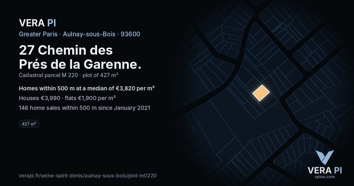 27 Chemin des Prés de la Garenne, Aulnay-sous-Bois at night – the plot lit, the parcels around coloured by the prices near them