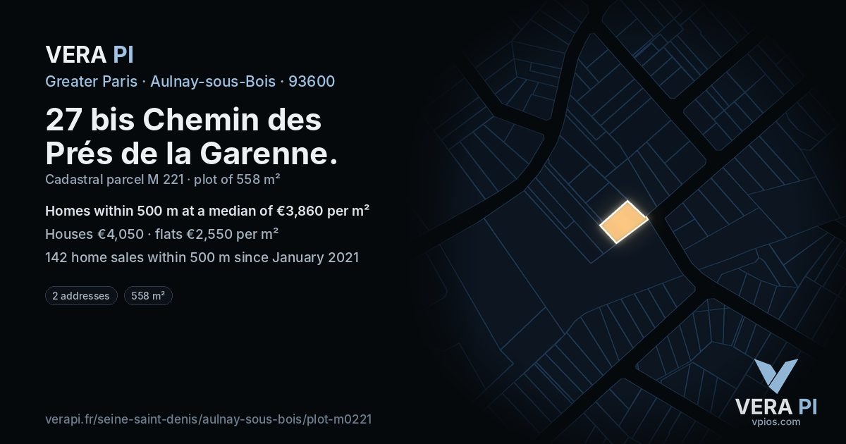 27 bis Chemin des Prés de la Garenne, Aulnay-sous-Bois at night – the plot lit, the parcels around coloured by the prices near them