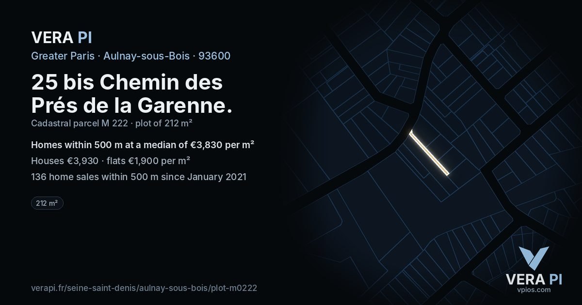 25 bis Chemin des Prés de la Garenne, Aulnay-sous-Bois at night – the plot lit, the parcels around coloured by the prices near them