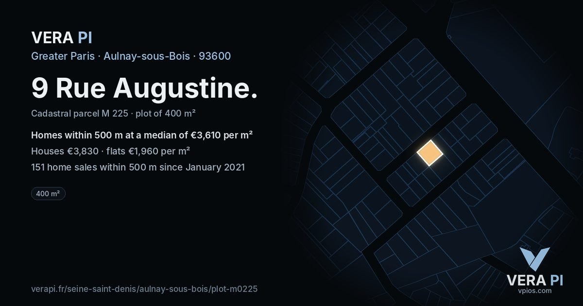 9 Rue Augustine, Aulnay-sous-Bois at night – the plot lit, the parcels around coloured by the prices near them