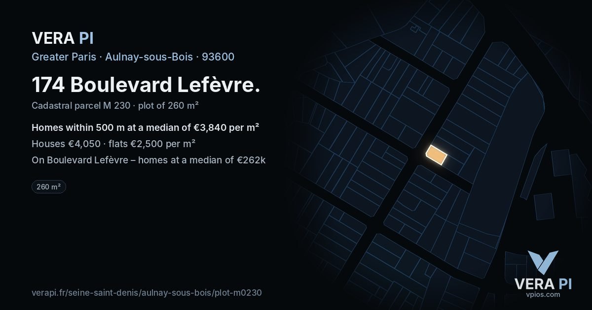 174 Boulevard Lefèvre, Aulnay-sous-Bois at night – the plot lit, the parcels around coloured by the prices near them