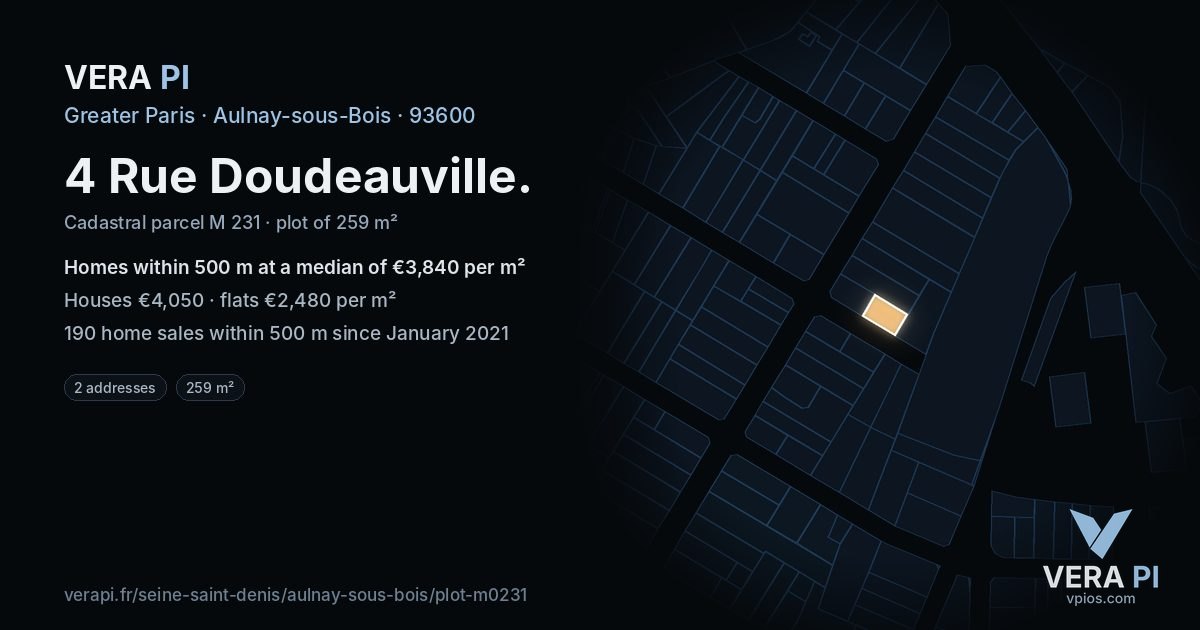 4 Rue Doudeauville, Aulnay-sous-Bois at night – the plot lit, the parcels around coloured by the prices near them