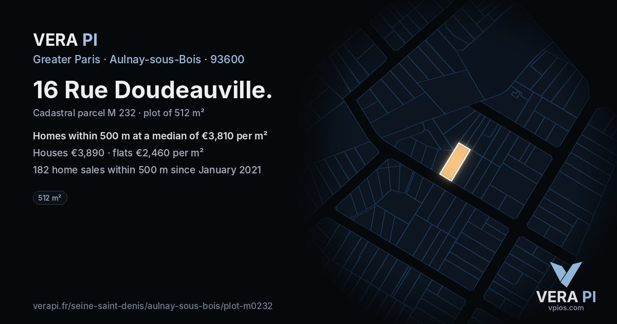 16 Rue Doudeauville, Aulnay-sous-Bois at night – the plot lit, the parcels around coloured by the prices near them