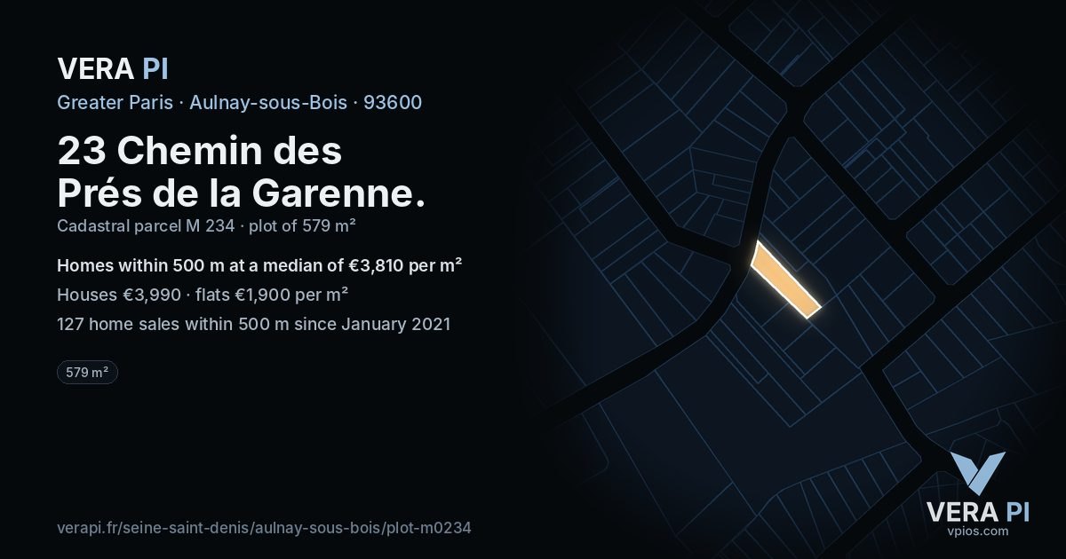 23 Chemin des Prés de la Garenne, Aulnay-sous-Bois at night – the plot lit, the parcels around coloured by the prices near them