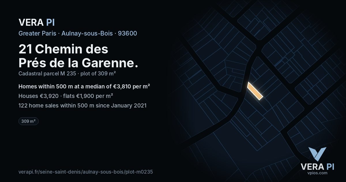 21 Chemin des Prés de la Garenne, Aulnay-sous-Bois at night – the plot lit, the parcels around coloured by the prices near them
