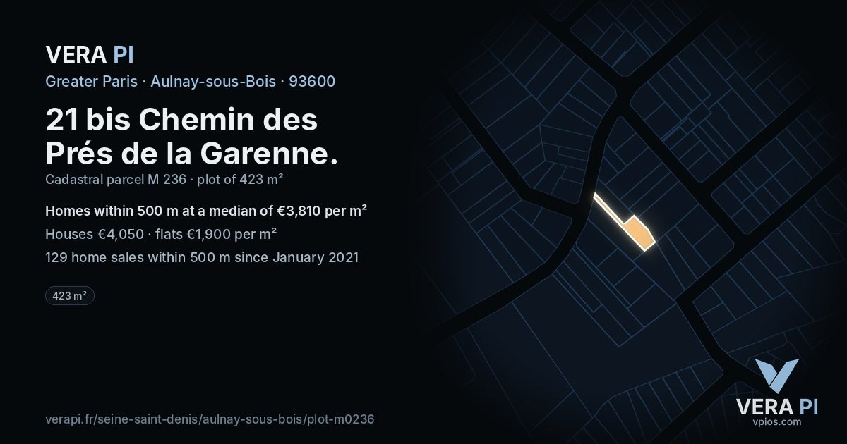 21 bis Chemin des Prés de la Garenne, Aulnay-sous-Bois at night – the plot lit, the parcels around coloured by the prices near them