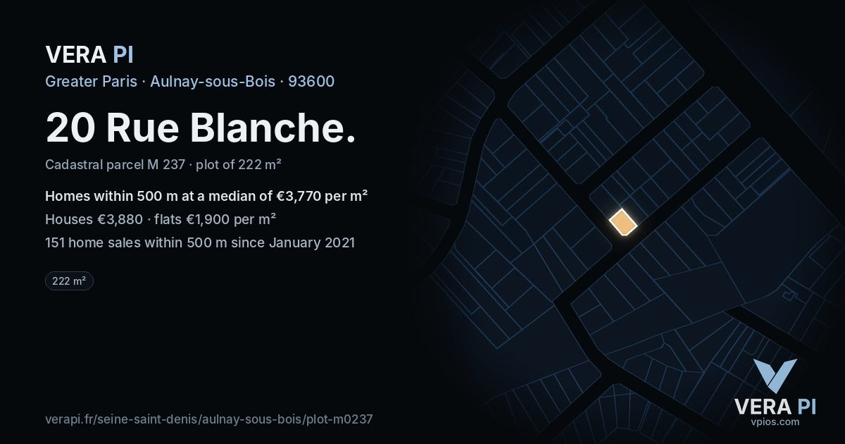 20 Rue Blanche, Aulnay-sous-Bois at night – the plot lit, the parcels around coloured by the prices near them