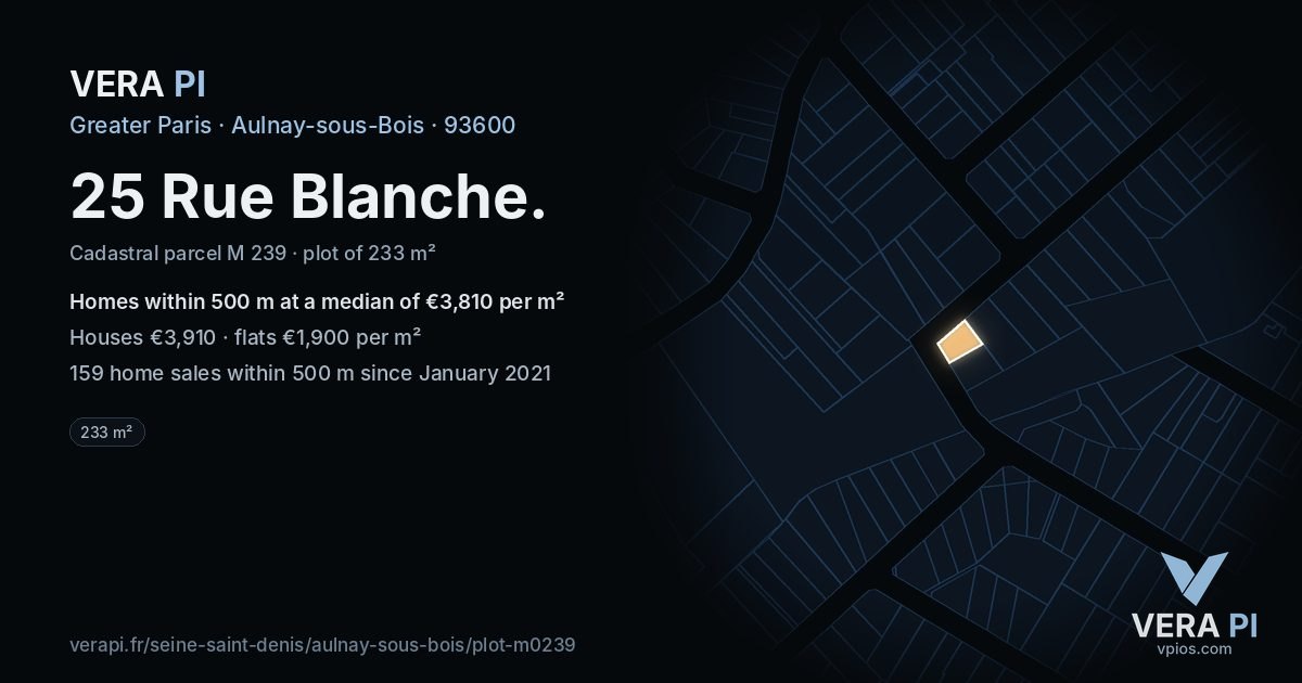 25 Rue Blanche, Aulnay-sous-Bois at night – the plot lit, the parcels around coloured by the prices near them