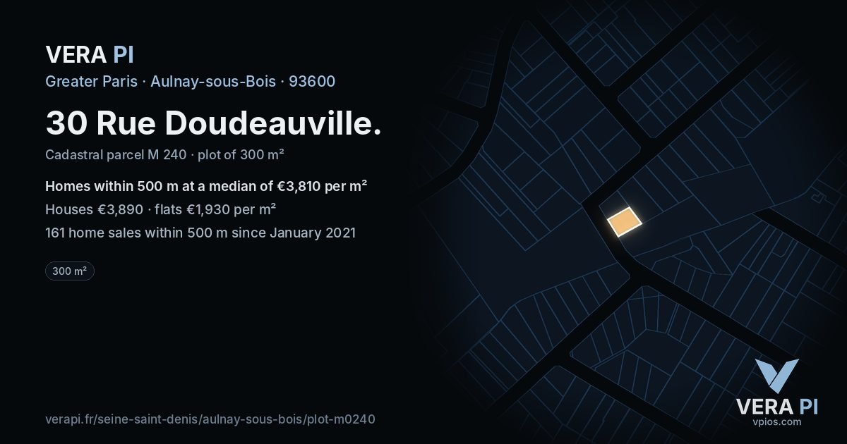 30 Rue Doudeauville, Aulnay-sous-Bois at night – the plot lit, the parcels around coloured by the prices near them