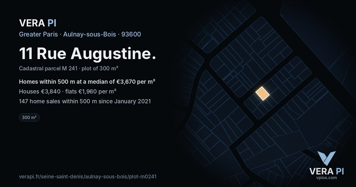 11 Rue Augustine, Aulnay-sous-Bois at night – the plot lit, the parcels around coloured by the prices near them