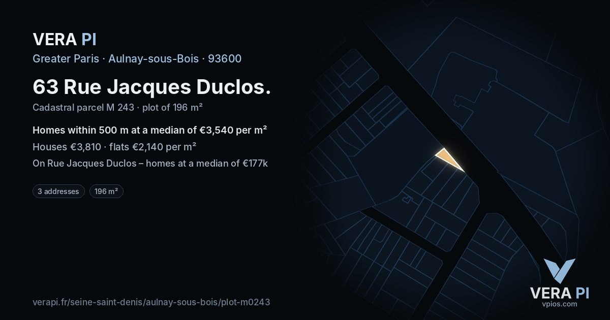 63 Rue Jacques Duclos, Aulnay-sous-Bois at night – the plot lit, the parcels around coloured by the prices near them