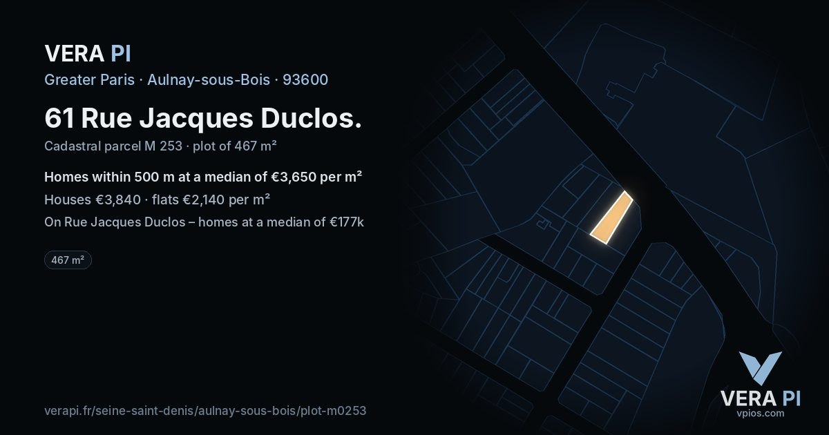 61 Rue Jacques Duclos, Aulnay-sous-Bois at night – the plot lit, the parcels around coloured by the prices near them