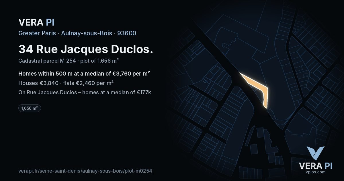 34 Rue Jacques Duclos, Aulnay-sous-Bois at night – the plot lit, the parcels around coloured by the prices near them