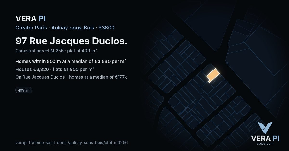 97 Rue Jacques Duclos, Aulnay-sous-Bois at night – the plot lit, the parcels around coloured by the prices near them