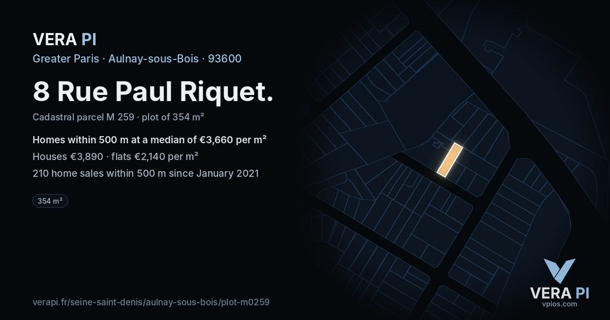 8 Rue Paul Riquet, Aulnay-sous-Bois at night – the plot lit, the parcels around coloured by the prices near them