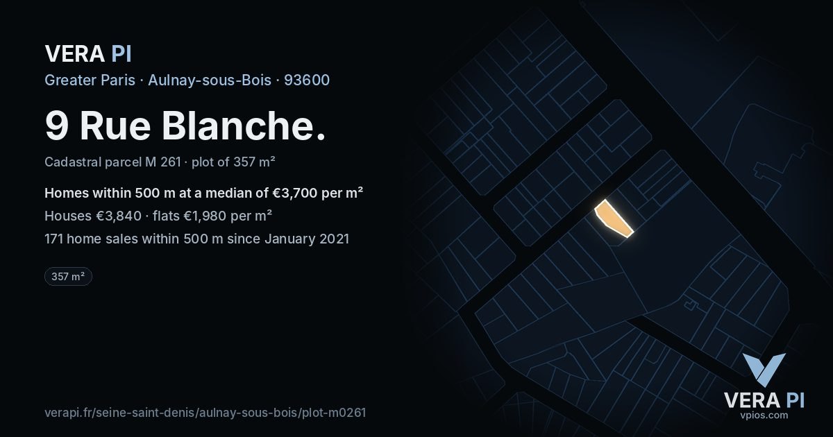 9 Rue Blanche, Aulnay-sous-Bois at night – the plot lit, the parcels around coloured by the prices near them
