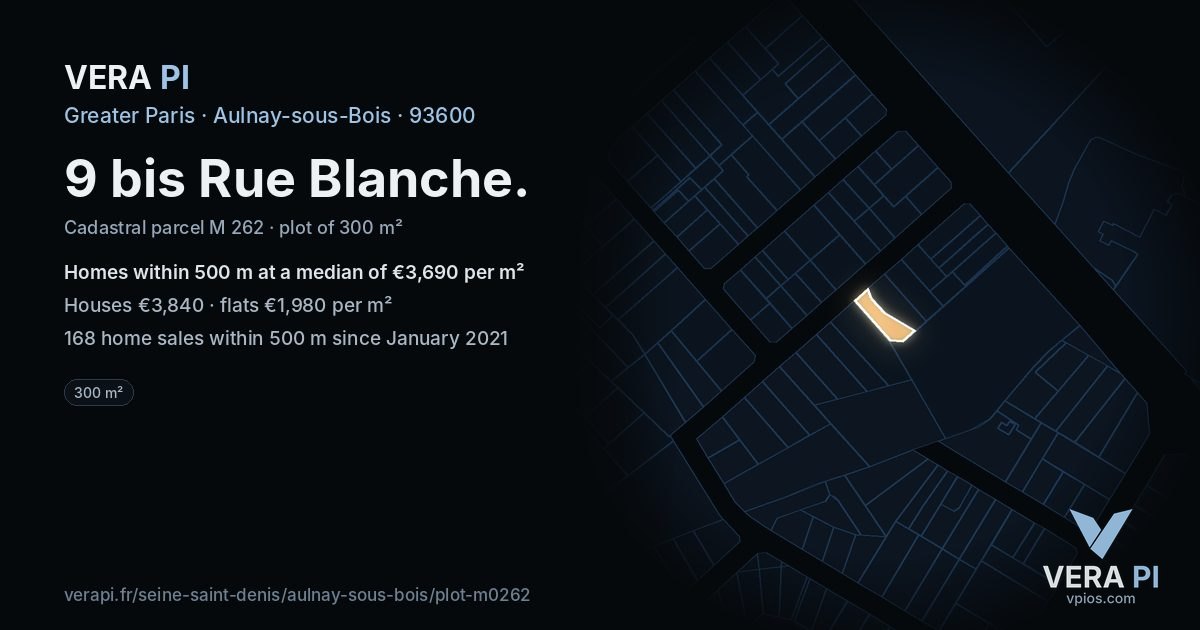 9 bis Rue Blanche, Aulnay-sous-Bois at night – the plot lit, the parcels around coloured by the prices near them