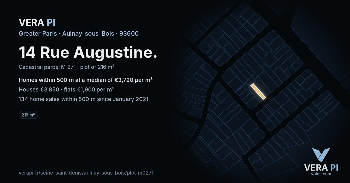 14 Rue Augustine, Aulnay-sous-Bois at night – the plot lit, the parcels around coloured by the prices near them