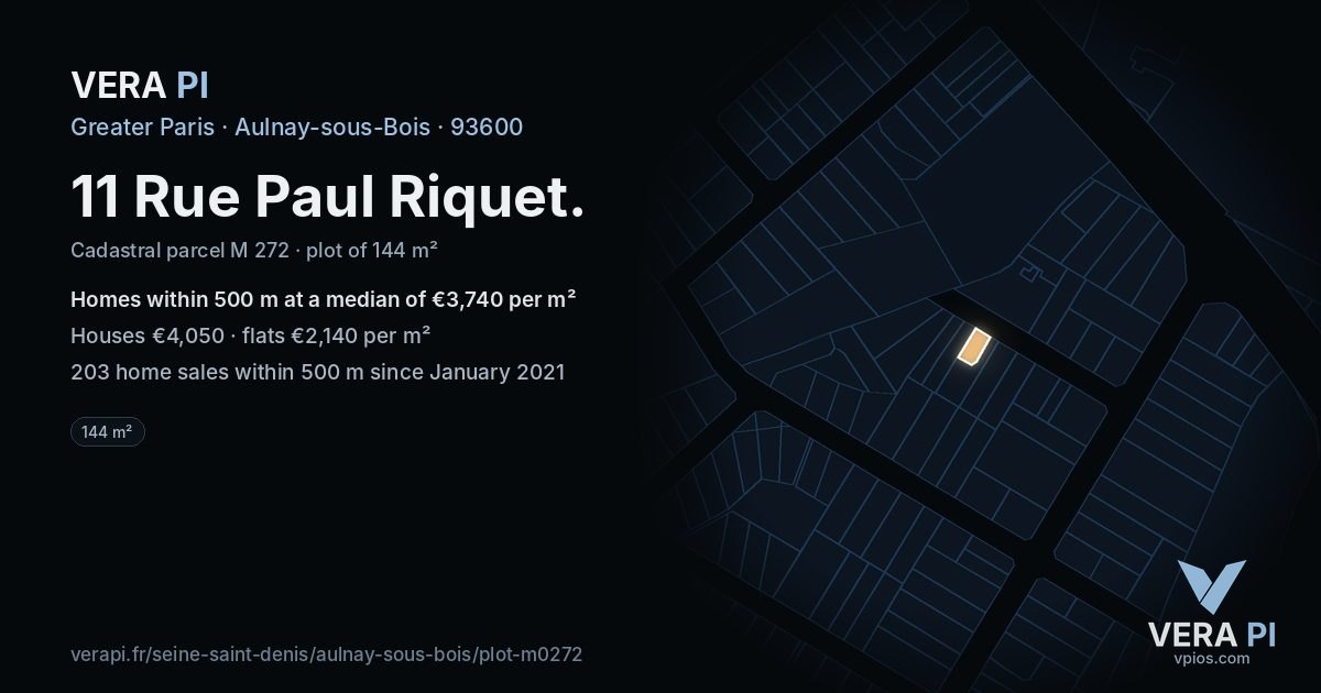 11 Rue Paul Riquet, Aulnay-sous-Bois at night – the plot lit, the parcels around coloured by the prices near them