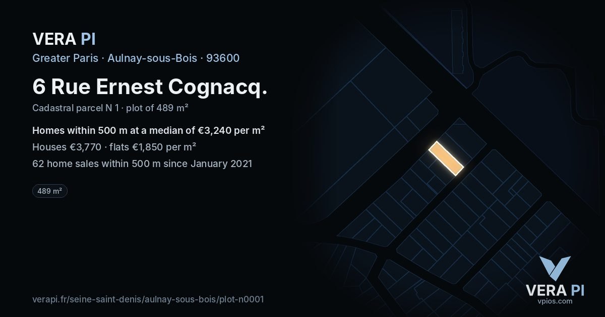6 Rue Ernest Cognacq, Aulnay-sous-Bois at night – the plot lit, the parcels around coloured by the prices near them