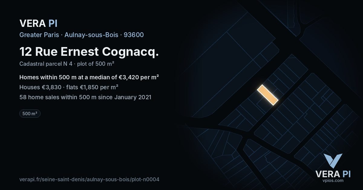12 Rue Ernest Cognacq, Aulnay-sous-Bois at night – the plot lit, the parcels around coloured by the prices near them