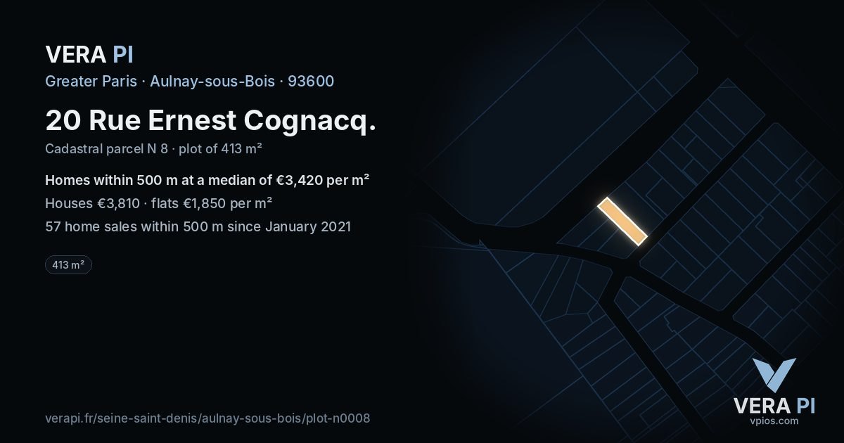 20 Rue Ernest Cognacq, Aulnay-sous-Bois at night – the plot lit, the parcels around coloured by the prices near them